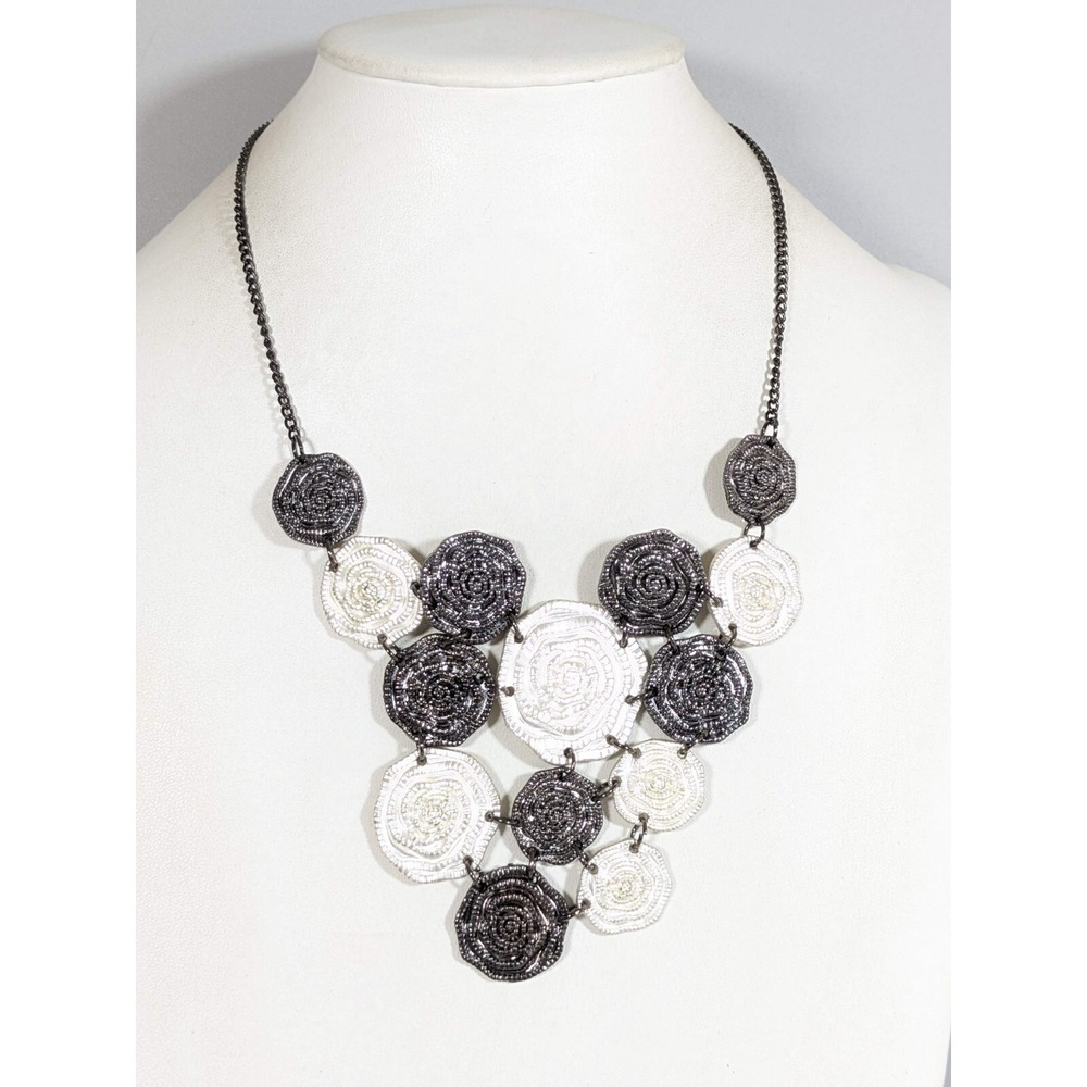 Gunmetal Gray Spiral Disc Cluster Statement Necklace Silver Tone 23"